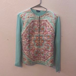 COPY - J McLaughlin Turquoise Paisley Silk Quilted Sweater Jacket Zip Front Med…